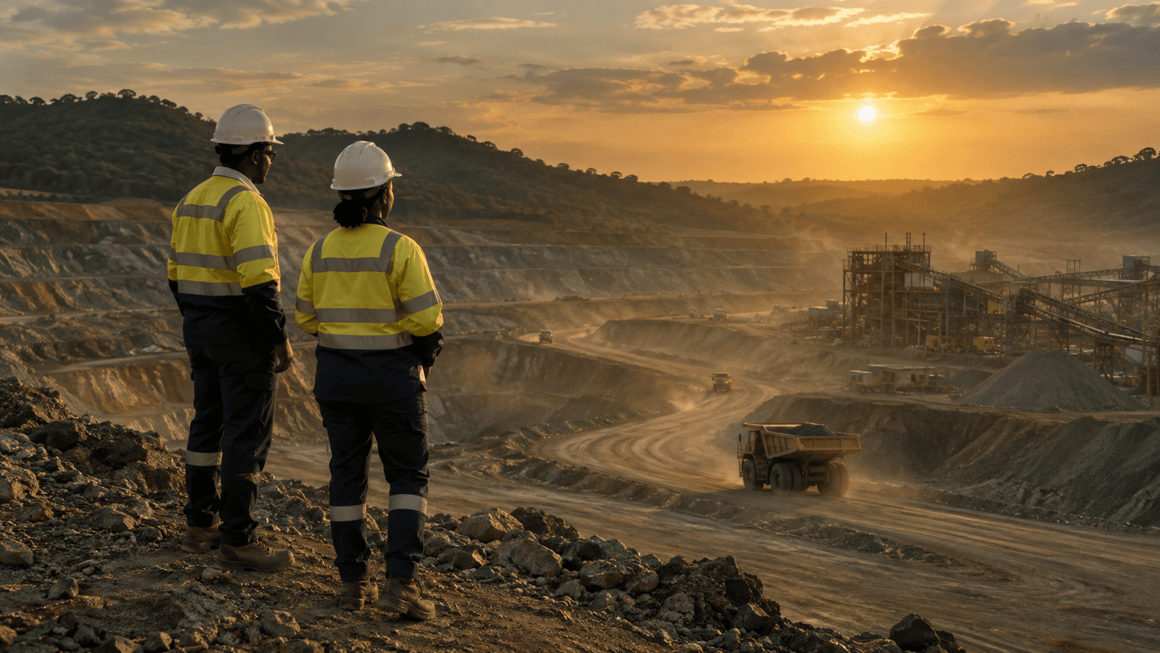 Operational leaders surveying mining operations and heavy equipment